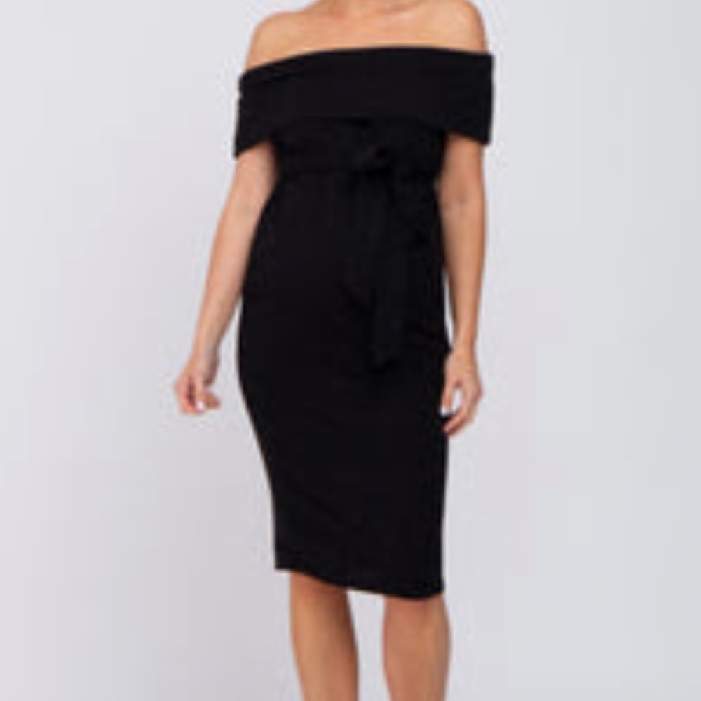 PinkBlush - Black Off Shoulder Waist Tie Maternity Midi Dress